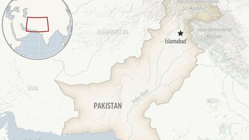 This is a locator map for Pakistan with its capital, Islamabad, and the Kashmir region. (AP Photo)