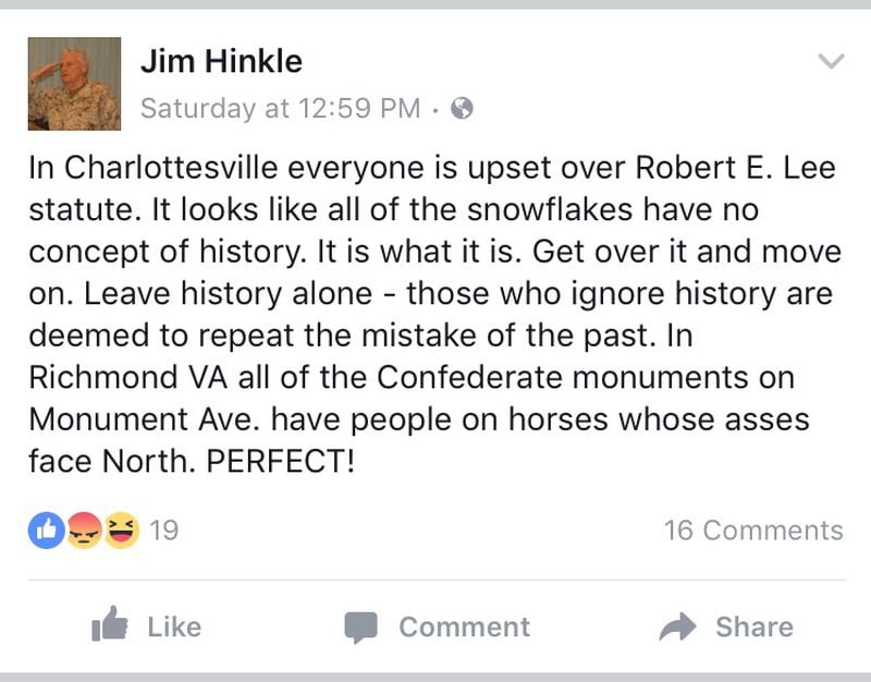 Gwinnett Magistrate Judge Jim Hinkle wrote a Facebook post Saturday about the white supremacist rally and counter protests in Charlottesville, Virginia.