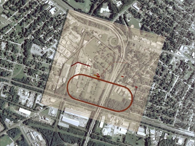This rendering shows the footprint of the Ten Broeck Race Course, where the largest sale of human beings in the U.S. took place, superimposed over a satellite image of West Savannah.