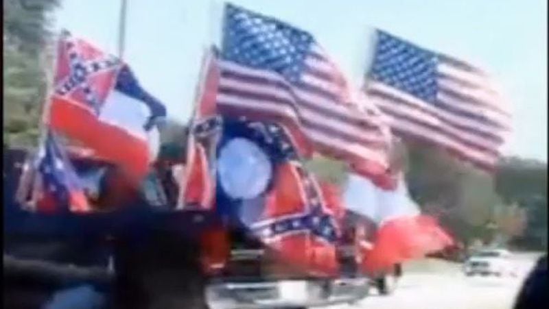 A pickup truck from the “Respect the Flag” convoy that disrupted an African-American child’s birthday party in July 2015. (Screen capture from cellphone video)