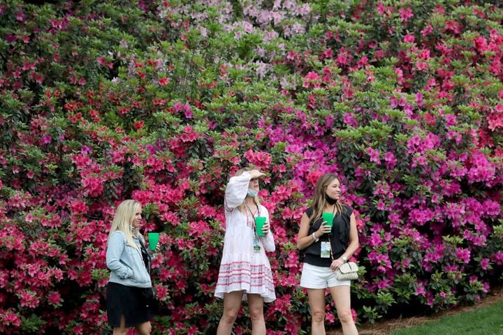 April 9, 2021, Augusta: With azaleas behind them, patrons watch the action on the sixteenth hole during the second round of the Masters at Augusta National Golf Club on Friday, April 9, 2021, in Augusta. Curtis Compton/ccompton@ajc.com