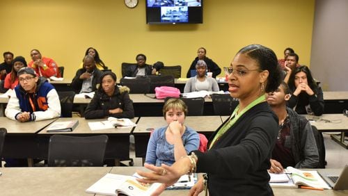 Ramona Pollard, instructor and program director, teaches Principles of Management class, one of the classes that will benefit from the partnership with Clark Atlanta University, at Georgia Piedmont Technical College’s DeKalb Campus on Tuesday, February 14, 2017. Clark Atlanta University and Georgia Piedmont Technical College are scheduled to announce on Feb. 15 a partnership they hope could become a national model. HYOSUB SHIN / HSHIN@AJC.COM
