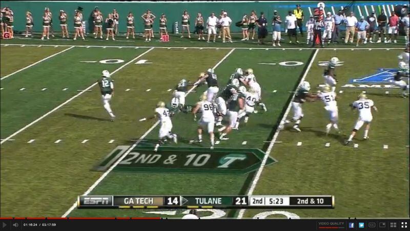 Rook-Chungong has pushed Uzdavinis back about three yards. Green likewise is moving upfield against the left guard Colton Hanson. And, perhaps worst for Tulane, running back Ladedrick Thompson appears to stumble as he tries to run outside of Rook-Chungong. Again, the angle isn’t great, so it’s hard to tell how much space Thompson has between his tackle and guard, but Rook-Chungong said he was surprised that he didn’t try to cut it back.The left guard blocking Gotsis has disengaged to block downfield. Davis is trying to get to the ball. Gotsis and Freeman are pursuing from the backside.