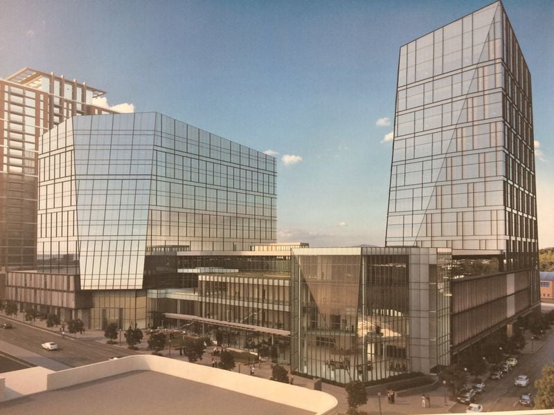 This rendering shows the two phases of Spring and 8th Street, the headquarters campus of NCR, which is under construction in Midtown Atlanta. Source: Cousins Properties, NCR, Duda Paine Architects, HKS and Kimley-Horn