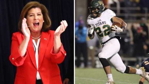 Rep. Karen Handel congratulated the Blessed Trinity football team at the United States Capitol on Thursday. The Titans won the state AAAA title in December.
