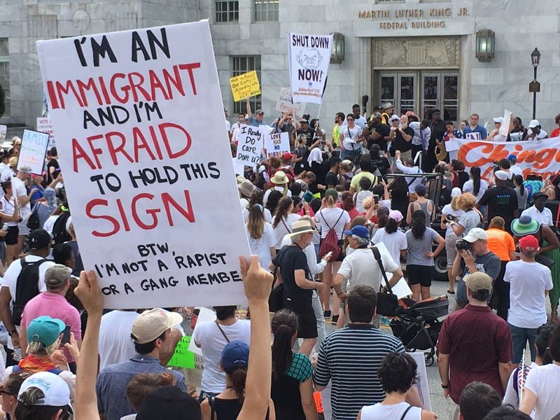 An estimated crowd of several thousand people marched peacefully Saturday morning, June 30, 2018, in Atlanta's Families Belong Together rally as part of a national effort to spotlight U.S. immigration policies that are separating children from their parents. (Photo: Danny Robbins/drobbins@ajc.com)