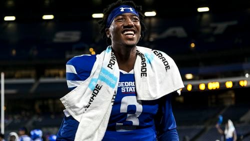 Georgia State is 3-0 since installing Darren Grainger as the full-time quarterback. Grainger (3) is all smiles after leading the Panthers to victory over Charlotte 20-9 on Sept. 18, 2021 at Center Parc Stadium in Atlanta. (Daniel Varnado/For the AJC)