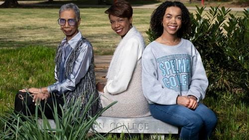 Marcia Hanks-Brooks, from left, her daughter Cindy B. Baumgardner and granddaughter Hannah Baumgardner make up three of the family’s four generations of Spelman women. Photographed on the Spelman campus in Atlanta on Monday, April 8, 2024.   (Ben Gray / Ben@BenGray.com)