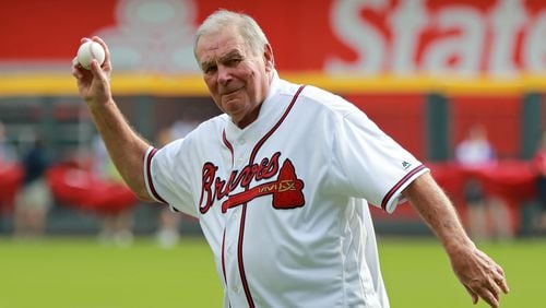 Hall of Famer Bobby Cox throws out the first pitch before Monday's game at SunTrust Park. (Curtis Compton/ccompton@ajc.com)
