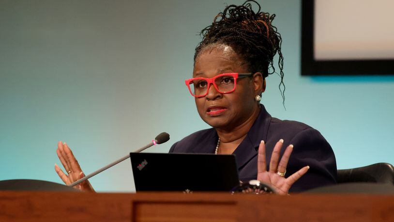 DeKalb County Board of Education Chair Vickie Turner, shown at a meeting Monday, April 18, 2022, says it was expected that Cognia would return for a visit after its spring evaluation of the district. (Jason Getz / Jason.Getz@ajc.com)