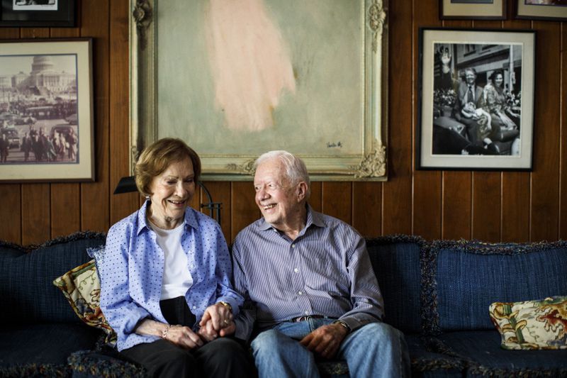 Former President Jimmy Carter and Rosalynn Carter  are shown at their home in Plains in 2017. The next year, after she underwent emergency surgery, the former president sat up with her all night. He then told his grandson Jason Carter that he was ready to give up leadership of the Carter Center. "I realize that all I want to do for the rest of my life is go home to Plains and be with Mama Carter,’ ” Jason Carter said, quoting his grandfather. (Dustin Chambers/The New York Times)
                      