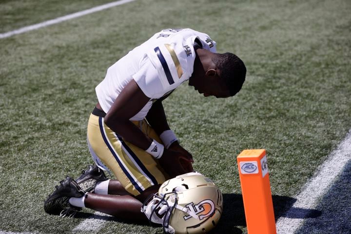 Georgia Tech wide receiver Abdul Janneh (4) takes a moment before the Spring White and Gold game at Bobby Dodd Stadium at Hyundai Field In Atlanta on Saturday, April 13, 2024.   (Bob Andres for the Atlanta Journal Constitution)
