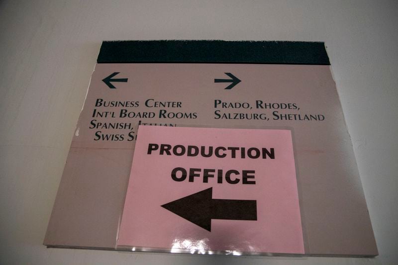 A sign for the production office of a movie production company is displayed at the former Sheraton Atlanta Airport Hotel in College Park, Friday, September 4, 2020. The hotel was acquired by the City of Atlanta for $16.8 million in 2017. Since the purchase, the hotel, which had a convention center attached, has been used for movie production. The city is demolishing the hotel. (Alyssa Pointer / Alyssa.Pointer@ajc.com)
