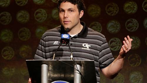 Georgia Tech head coach Josh Pastner answers a question during the Atlantic Coast Conference men's NCAA college basketball media day in Charlotte, N.C., Wednesday, Oct. 25, 2017. (AP Photo/Chuck Burton)