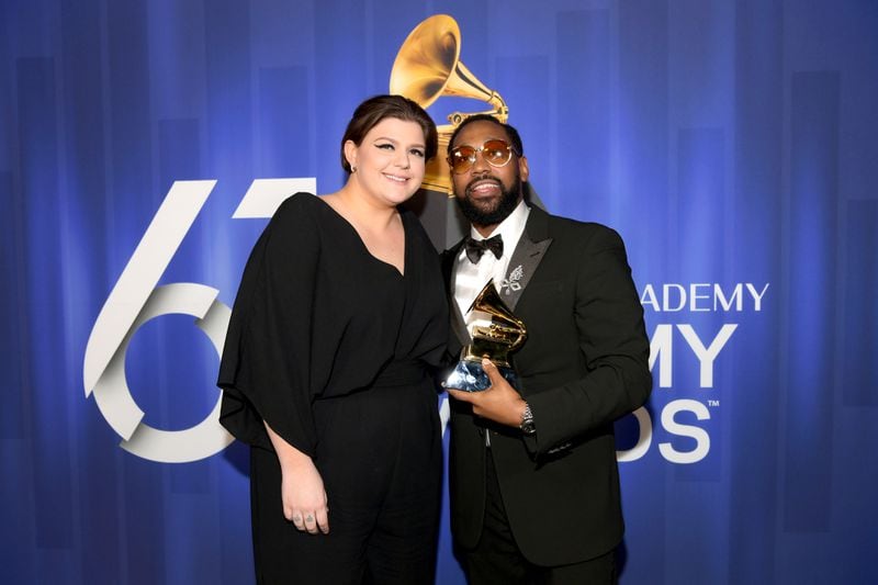 Yebba and PJ Morton pose with their award at the 61st Annual GRAMMY Awards Premiere Ceremony at Microsoft Theater on February 10, 2019 in Los Angeles, California.  (Photo by Emma McIntyre/Getty Images for The Recording Academy)