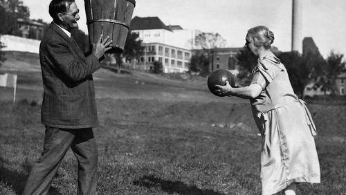 FILE -- James Naismith, with his wife, Maude, in 1928, practicing basketball, which he invented for YMCA students in Springfield, Mass., in 1891. In a recording of Naismith from an interview in 1939, recently found in the Library of Congress archives, Naismith reminisces about the first basketball game, played at what is now Springfield College by students forced inside by the winter weather. (The New York Times)
