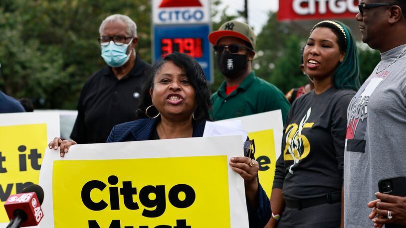 Atlanta City Councilmember Andrea Boone, (District 10)  speaks to members of the Adamsville community during a rally against violent crime at the Citgo gas station on Martin Luther King Jr. Drive in Atlanta on Wednesday, August 17, 2022. (Natrice Miller/natrice.miller@ajc.com)