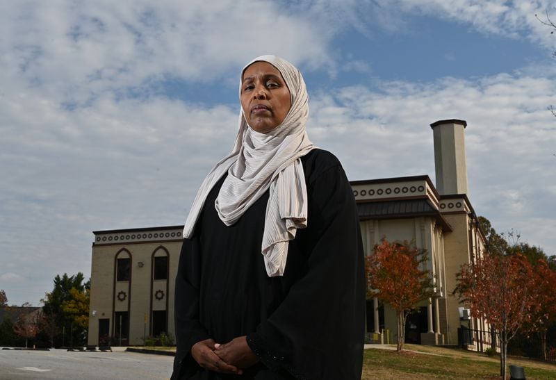 Portrait of Samia Abdulle, who works on interfaith efforts, outside Masjid Al-Momineen of Stone Mountain, Thursday, November 9, 2023, in Clarkston. This is for an article about interfaith efforts in Georgia and have they have been impacted by the war. (Hyosub Shin / Hyosub.Shin@ajc.com)