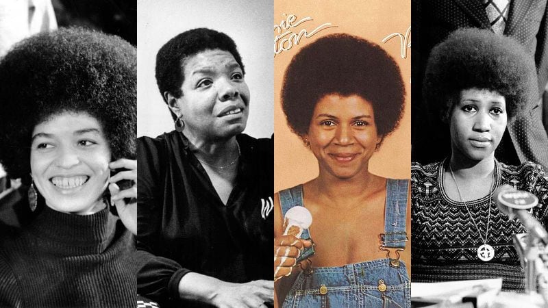 Iconic Afros from women in the 1970s: activist Angela Davis, seen here in 1972 after being released on bail; poet Maya Angelou in 1980; Minnie Riperton, from her 1974 "Perfect Angel" album; and Aretha Franklin, seen here in 1972. (AP file and Ray West/AJC file)
