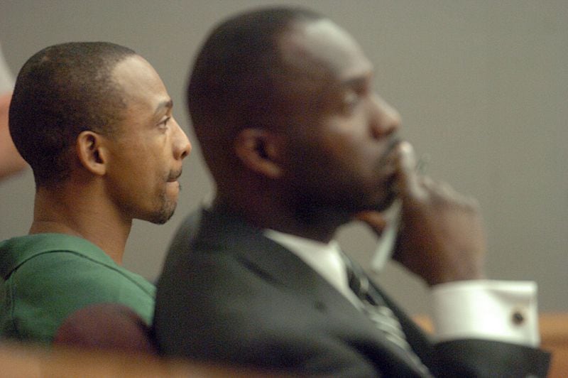 LAWRENCEVILLE, GA -- (l to r) Billy Joe Cook and his lawyer, Keith Adams during hearing -- according to reporter" Billy Joe Cook, ex-boyfriend of Lilburn woman missing since October 2005 during a  court hearing. (NICK ARROYO/AJC staff)