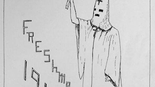 This drawing of a hooded and robed figure is from the 1910 yearbook, one of the first representations of Klan imagery in Wesleyan College's history. BOB ANDRES /BANDRES@AJC.COM