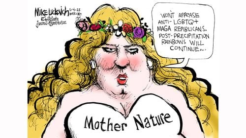 Mike Luckovich cartoon depicts Mother Nature, with the caption, "Won't appease anti-LGBTQ+ MAGA Republicans. Post-precipitation rainbows will continue."