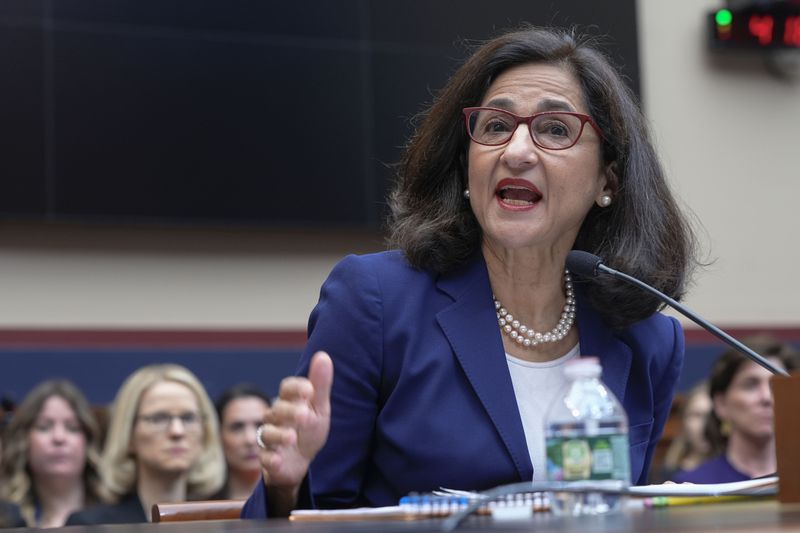 President of Columbia University Nemat Shafik testifies before the House Committee on Education and the Workforce hearing on "Columbia in Crisis: Columbia University's Response to Antisemitism" on Capitol Hill in Washington, Wednesday, April 17, 2024. (AP Photo/Mariam Zuhaib)