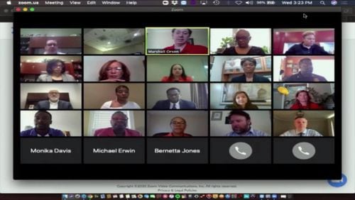 This screenshot shows a recent DeKalb County Board of Education meeting, held using zoom while Georgia was under a shelter-in-place order.