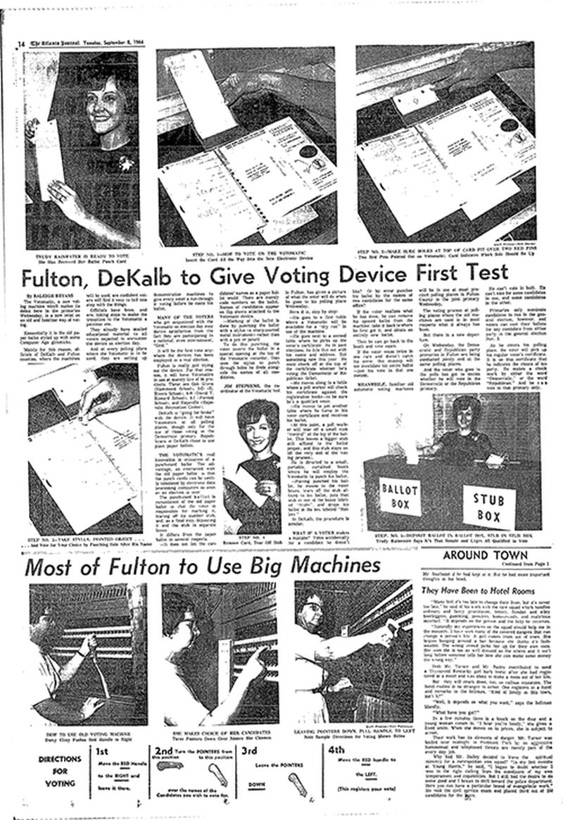 Sept. 8, 1964 -- Journal readers learn how to cast ballots using the then-new Votomatic machines. AJC PRINT ARCHIVES