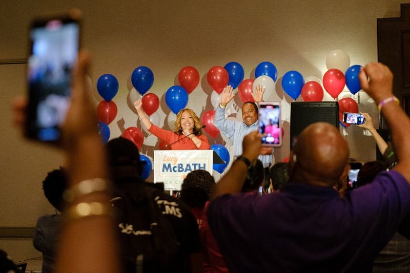 U.S. Rep. Lucy McBath celebrates at her win in last year's Democratic primary. She went on to win the 7th Congressional District in November with 61% of the vote. But the 7th District, where no race currently forms more than one-third of the population, would see significant changes under a map Republicans proposed under redistricting, making it less friendly territory for McBath. (Arvin Temkar / arvin.temkar@ajc.com)