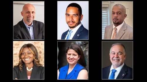 State school superintendents from, left to right, (top row): Republican John Barge, Democrat Jaha Howard, and Democrat James Morrow, Jr. Bottom row: Democrat Alisha Thomas Searcy, Democrat Currey Hitchens, and Georgia State School Superintendent Richard Woods, a Republican is running for reelection. (Handout)