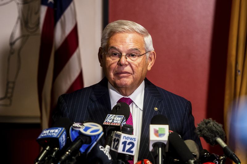 Sen. Robert Menendez (D-N.J.) speaks at a news conference in Union City, N.J., Sept. 25, 2023. The appearance, where he said he will not resign, was his first time speaking publicly since being charged with taking bribes in exchange for exerting political influence. (Andrew Seng/The New York Times)
                      