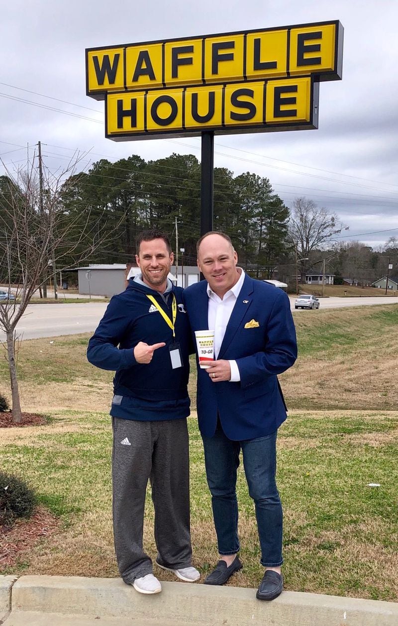 Georgia Tech coach Geoff Collins (right) with Troup County High coach Tanner Glisson at a Waffle House near the Troup County campus on January 22, 2019. (Courtesy Tanner Glisson)