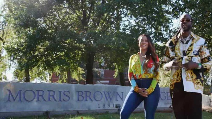 Actress La La Anthony and hip hop star 2 Chainz, hosts of "BET Homecoming 2020: Meet Me On The Yard," took this picture on the campus of Morris Brown College near downtown Atlanta, which held a virtual homecoming celebration the weekend of Oct. 23-25, 2020. Photo Credit: BET.