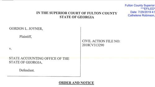 First page of Fulton County Superior Court Judge Shawn Ellen LaGrua's ruling on the motion filed by Gordon Joyner