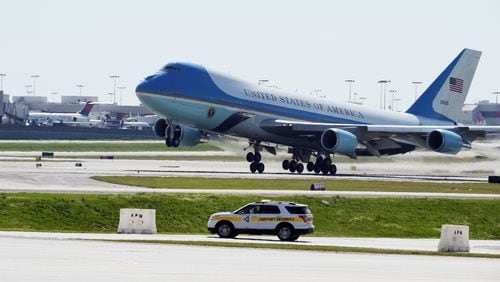 MARCH 29, 2016 ATLANTA President Obama departs Atlanta headed back to Washington DC, aboard Air Force One, Tuesday, March 29,2016. Obama left Atlanta following his address to the National Rx Drug Abuse & Heroin Summit in Atlanta. His speech follows the release of highly publicized safety recommendations on pain medicine from the Centers for Disease Control and Prevention. The U.S. is now struggling with a prescription pain killer and heroin overdoes epidemic that killed more than 28,000 people in 2014, more than any year on record. At least half of those deaths involved prescription pain relievers. And the South has the highest number of deaths. Obama has requested $1.1 billion in new funding for drug abuse treatment.KENT D. JOHNSON/ kdjohnson@ajc.com

Taken on Tue, March 29, 2016 with NIKON D4S, on Shutter Priority, 1/2500 sec, 400mm, f/11, 500 ISO