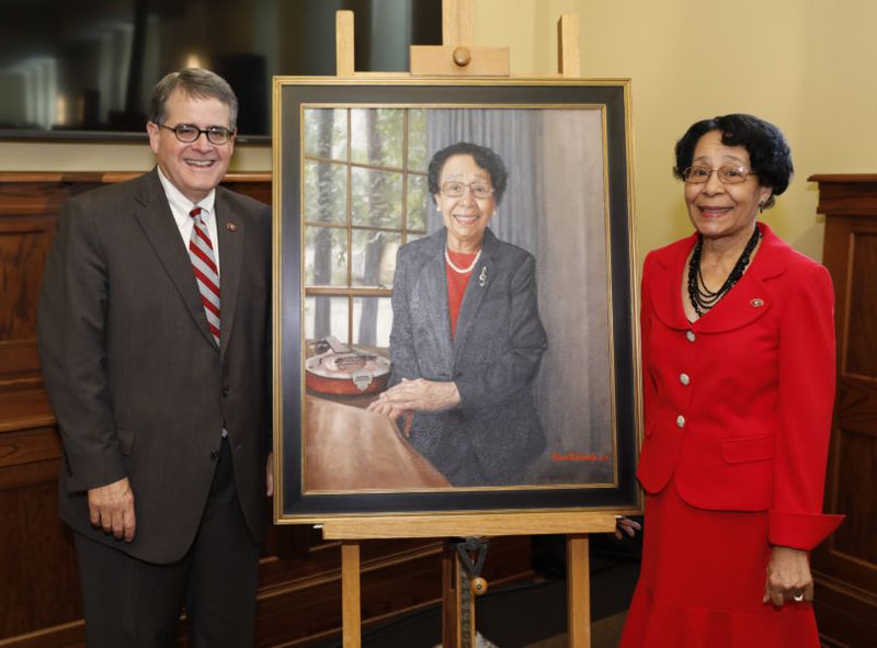 University of Georgia President Jere W. Morehead with Mary Frances Early after her portrait was unveiled. The university named its College of Education after Early, its first African American graduate, in February. Courtesy of Andrew Davis Tucker