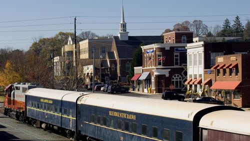 The Blue Ridge Scenic Railway train in downtown Blue Ridge, Ga.