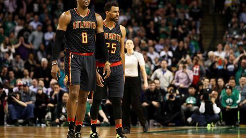 Dwight Howard (8) of the Atlanta Hawks is ejected from the game following his second technical foul against the Boston Celtics during the third quarter at TD Garden on February 27, 2017 in Boston, Massachusetts. (Photo by Maddie Meyer/Getty Images)