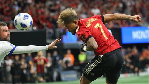 April 28, 2018 Atlanta: Atlanta United forward Josef Martinez gets a header for a shot on goal against the Montreal Impact during the second half in a MLS soccer game on Saturday, April 28, 2018, in Atlanta.  Curtis Compton/ccompton@ajc.com