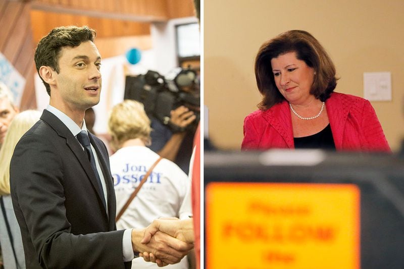 Candidates for congress in Georgia's sixth congressional						district Jon Ossoff (left) and Karen Handel (right) meet						supporters on Election Day June 20, 2017.
