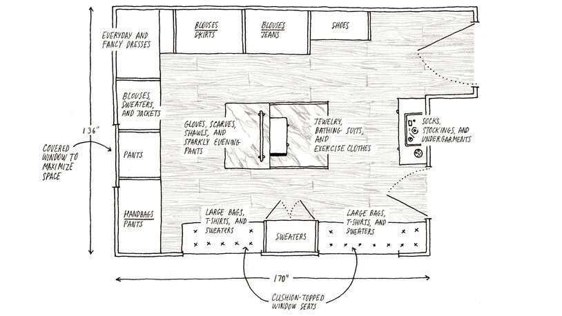 This is Martha Stewart’s walk-in closet plan. ILLUSTRATION BY PETER OUMANSKI