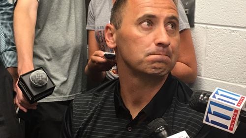 Falcons offensive coordinator Steve Sarkisian meeting with the local media on Wednesday, June 7, 2017 in Flowery Branch. (By D. Orlando Ledbetter/dledbetter@ajc.com)