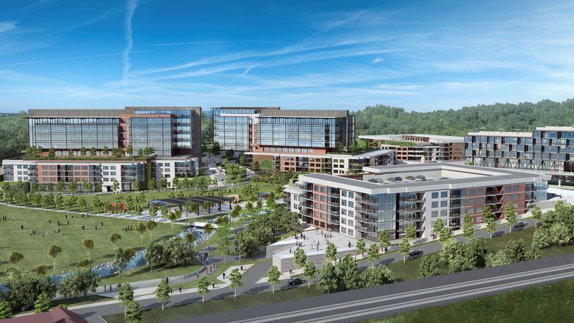 A rendering shows the proposed Quarry Yards development near the future Westside Reservoir Park in Atlanta.
