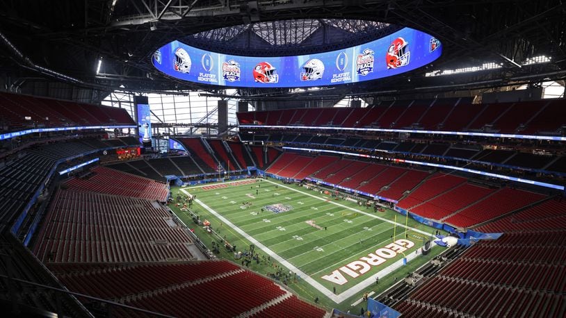 General views of the field before the game between Georgia and Ohio State in the Peach Bowl Playoff Semifinal at Mercedes-Benz Stadium, Sat., Dec. 31, 2022, in Atlanta. (Jason Getz / Jason.Getz@ajc.com)