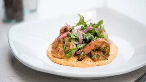 Georgia Shrimp with spiced creamed corn polenta, poblano pepper relish, and bacon butter. Photo credit- Mia Yakel.