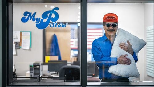 Cardboard cut outs of Mike Lindell are seen throughout the MyPillow manufacturing facility in Shakopee, Minnesota. One of Fox News’ most visible advertisers, Mike Lindell and his MyPillow line of products, has pulled his commercials from the network because it would not air his ad promoting discredited claims of election fraud. (Glen Stubbe/Minneapolis Star Tribune/TNS)