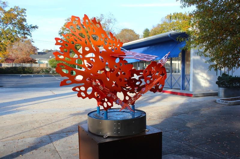 Elizabeth Akamatsu’s piece, “Coral Stardust” is a steel sculpture that is a metaphor for the human condition. 
Courtesy of the Decatur Arts Alliance.