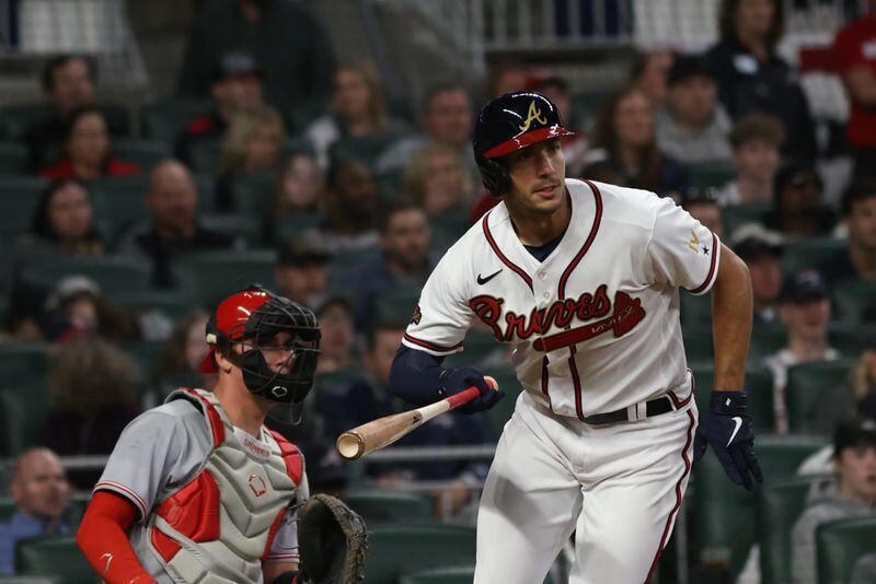 Atlanta Braves first baseman Matt Olson (28) runs to first after a hit during a game against the Cincinnati Reds at Truist Park on Thursday, April 7, 2022, in Atlanta.  Branden Camp/For the Atlanta Journal-Constitution