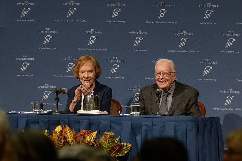Former U.S. President Jimmy Carter and former First Lady Rosalynn Carter discuss some of the ways The Carter Center has been waging peace and fighting disease to build hope for millions around the world. (Michael A. Schwarz via The Carter Center)